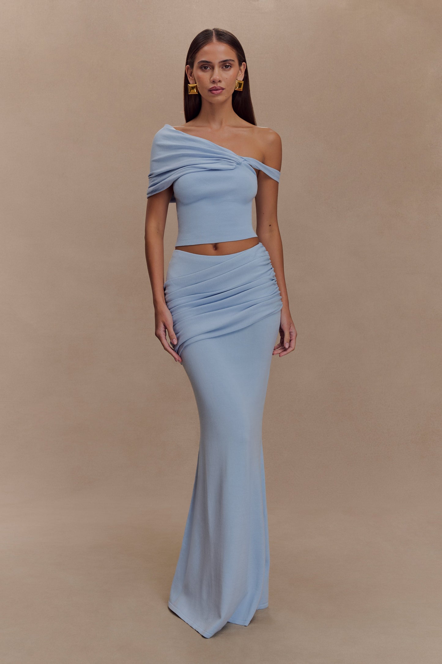 Skyline Drapeli Maxi Etek – Buz Mavi