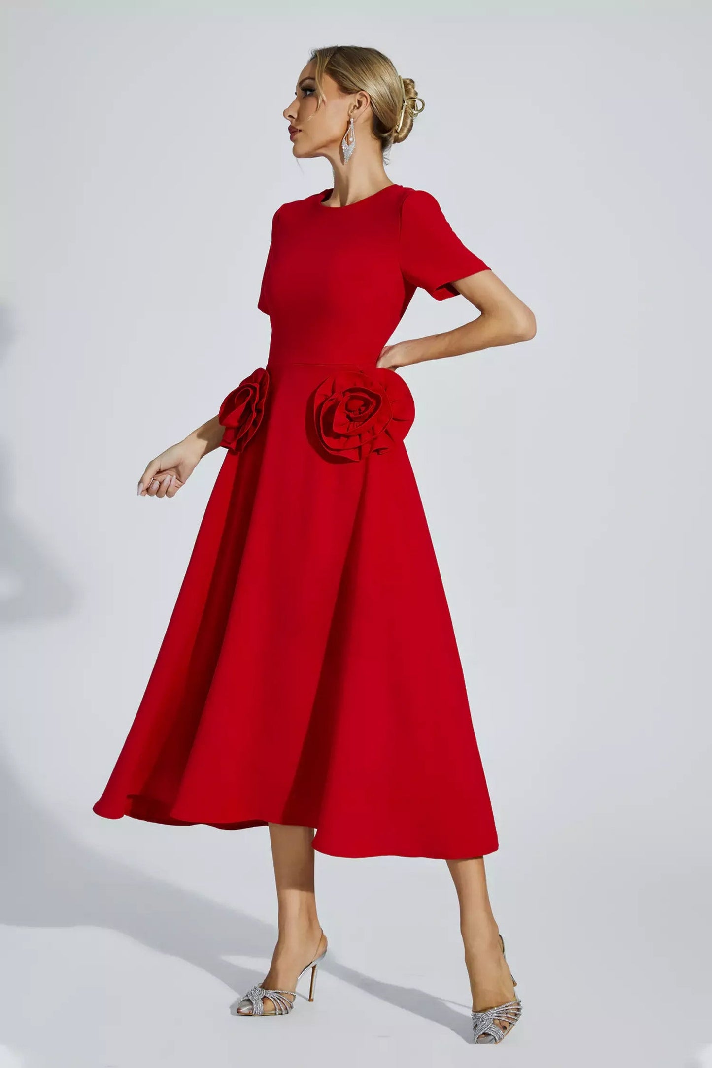 Grace Floral Aplike Kısa Kollu Midi Elbise