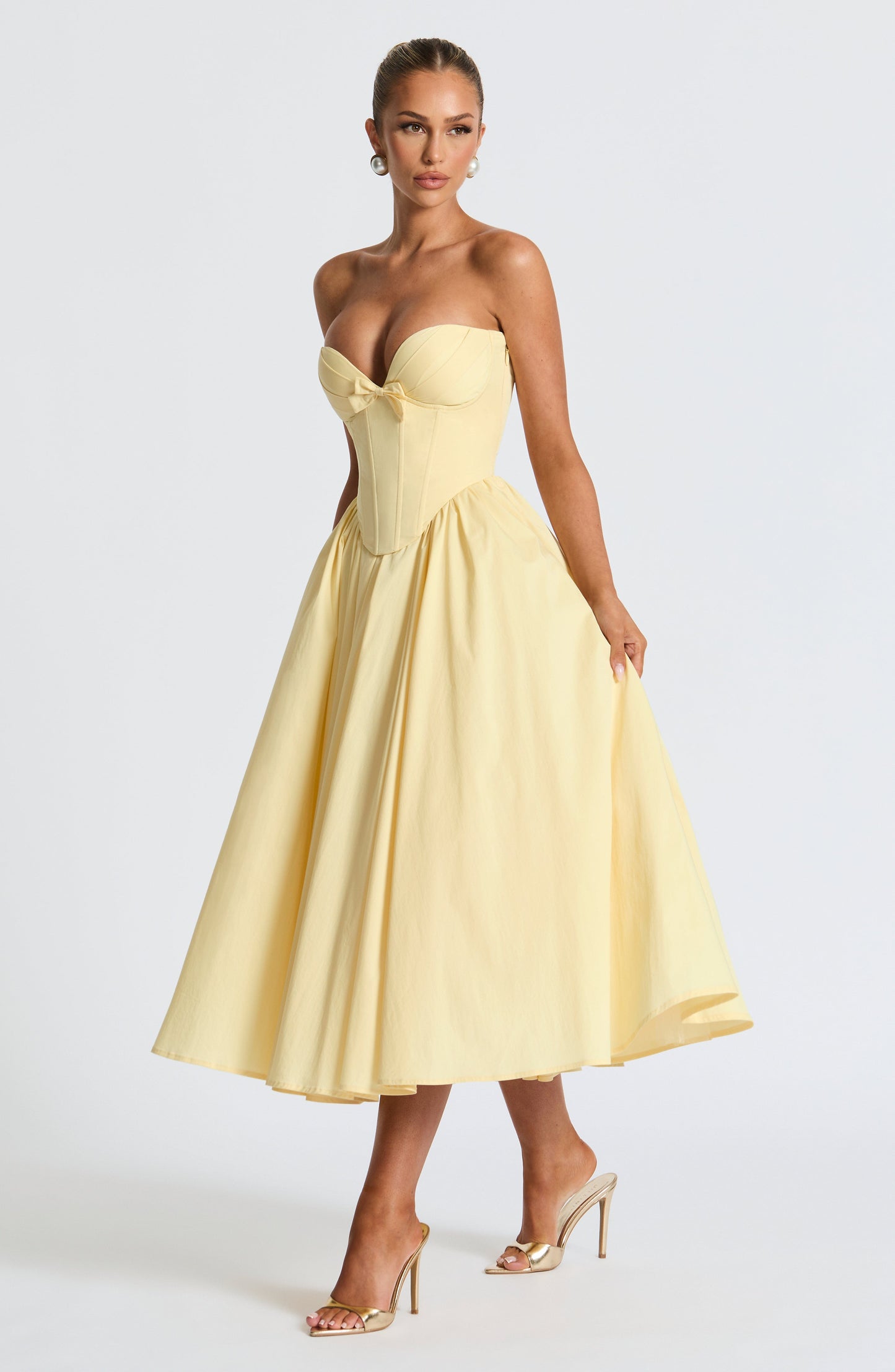 Prim Fiyonklu Midi Elbise – Limon Sarısı