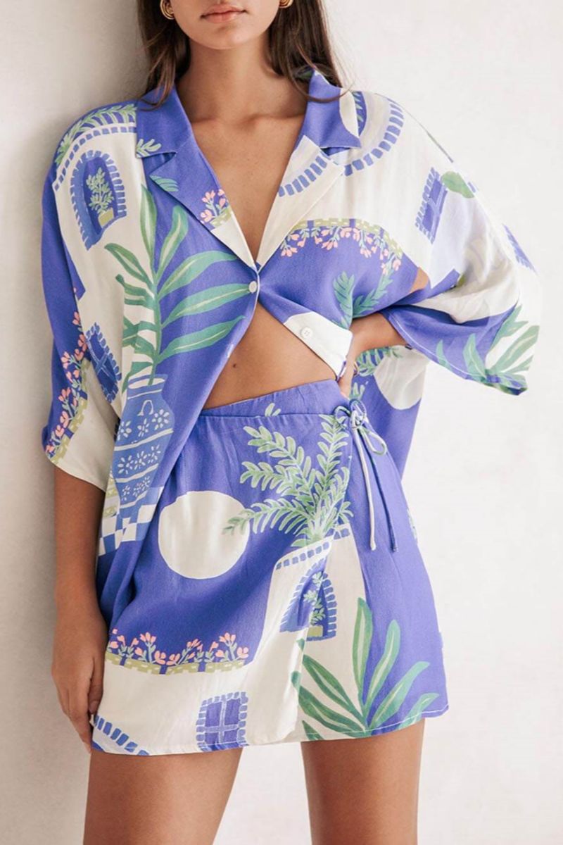 Botanik Baskı Gömlek ve  Bağcıklı Etek Seti