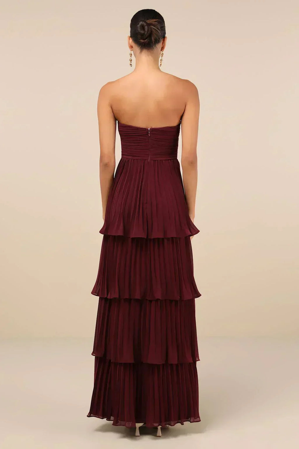 Bordo Bir Gece – Katmanlı Straplez Maxi Elbise