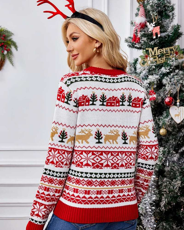 Noel Yuvarlak Yaka İşlemeli Örgü Kazak