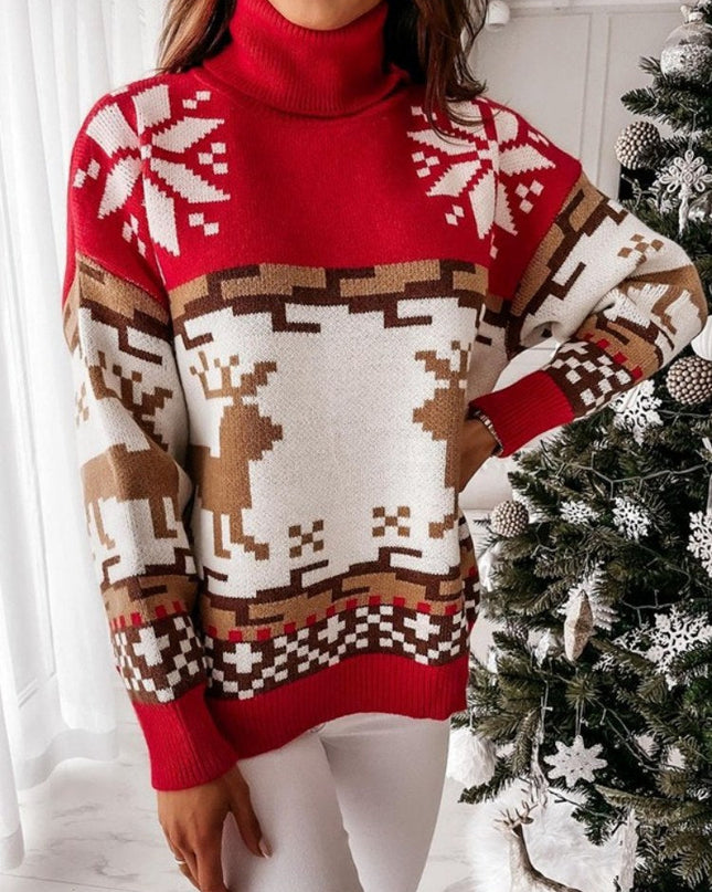 İşlemeli Ren Geyiği ve Kar Tanesi Tasarımlı Örgü Kazak