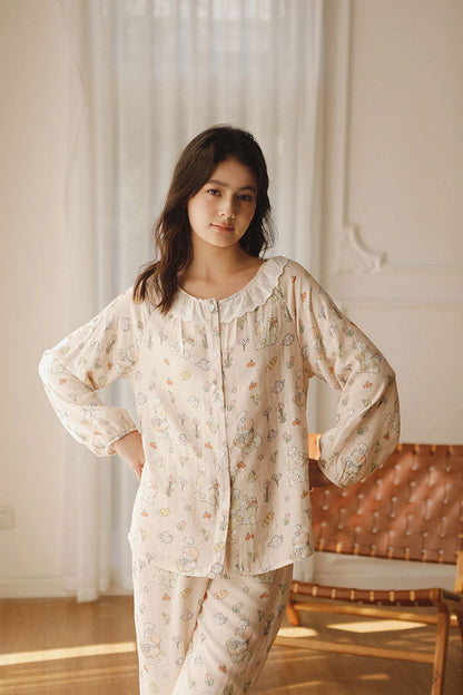 Saten Gül Nakışlı Pijama Takımı