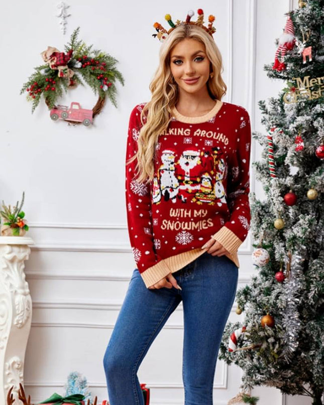 Günlük Bisiklet Yaka İşlemeli Kazak – Noel Baba ve Penguen