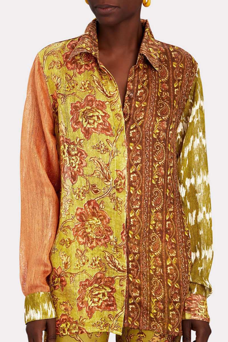 Benzersiz Cliff Geri Dönüşümlü Etnik Baskı Düğmeli Üst