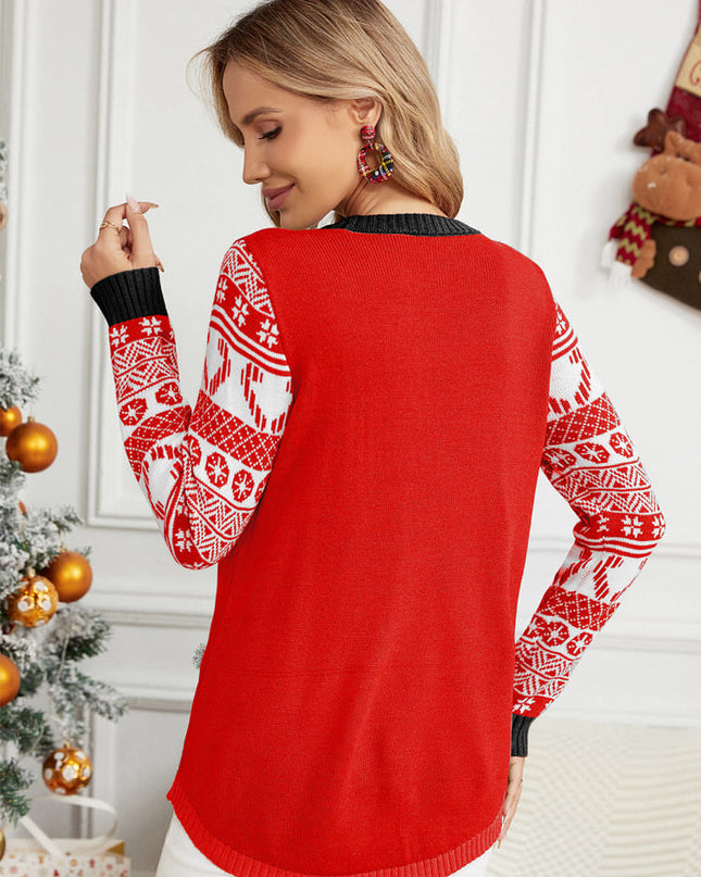 Noel Uzun Kollu Kedi Aplikeli Yuvarlak Yaka Kazak