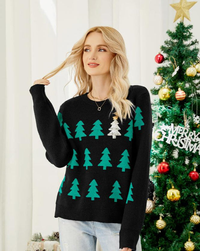 Parıldayan Payetli Noel Ağacı Örgü Kazak