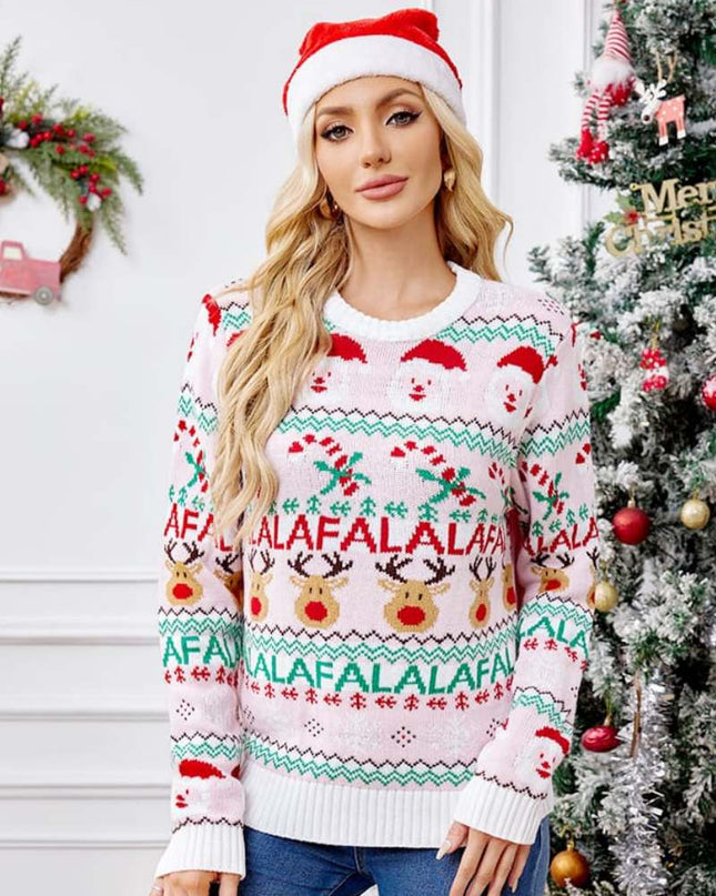 Bol Kesim Yuvarlak Yaka Noel Karikatür Örgü Kazak - Pembe