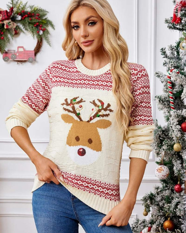 Noel Yuvarlak Yaka İşlemeli Örgü Kazak