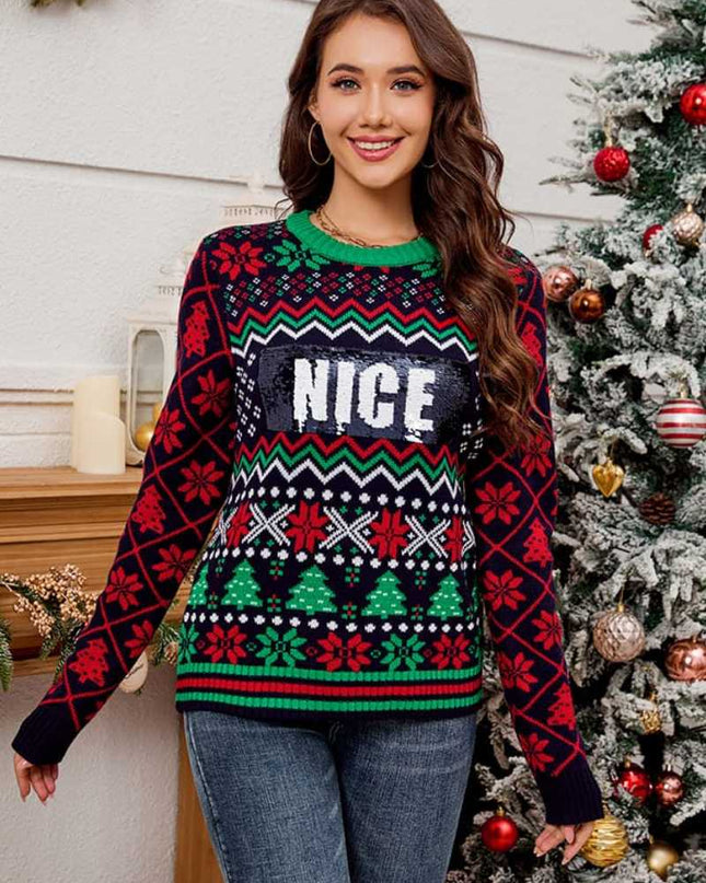 Payet İşlemeli Noel Jakarlı Örme Kazak