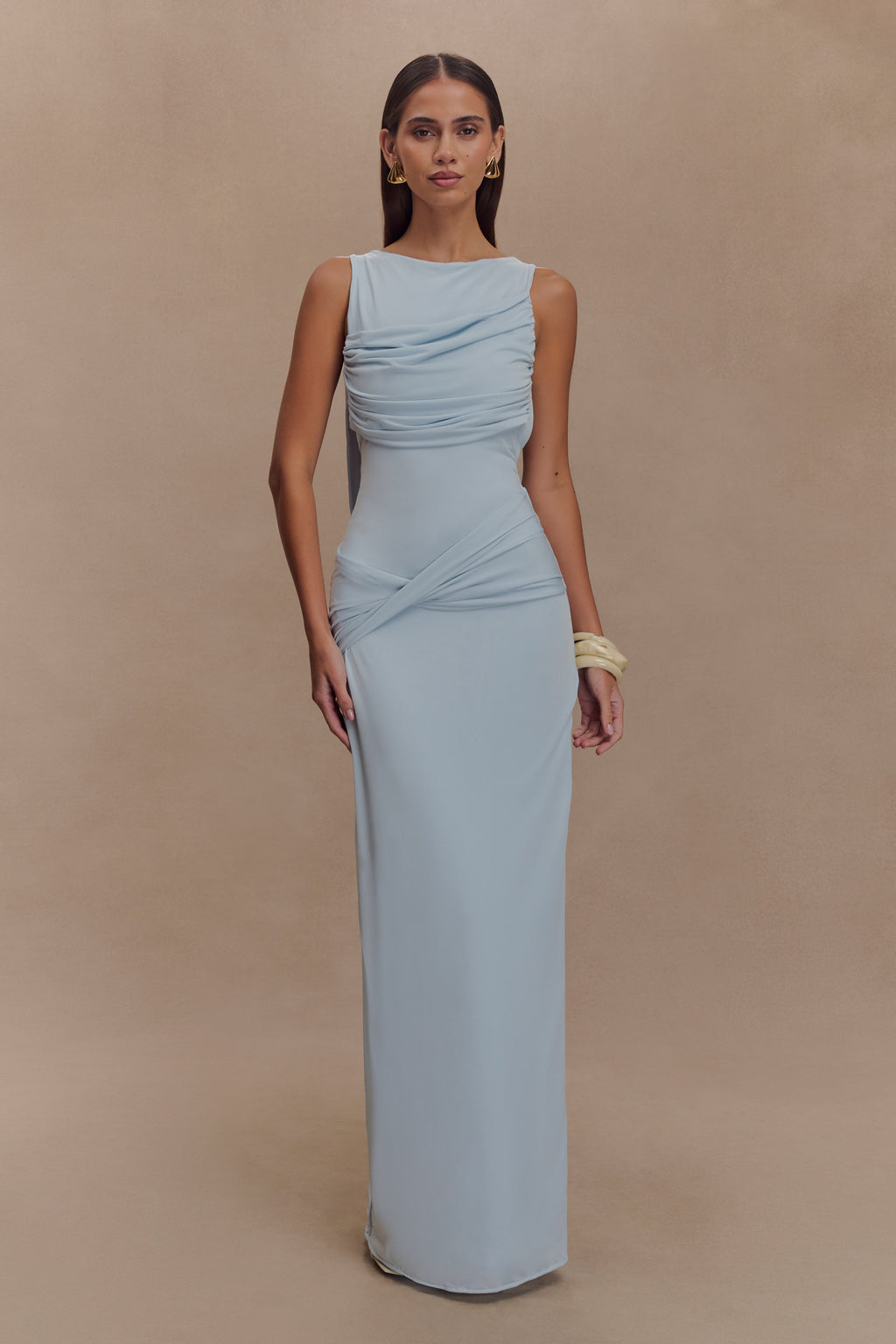 Drapeli Saten Uzun Elbise – Açık Mavi