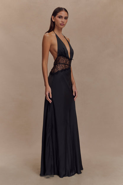 Dantel Bel Detaylı Saten Halter Uzun Elbise – Siyah