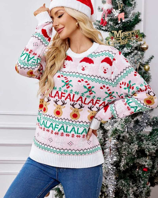 Bol Kesim Yuvarlak Yaka Noel Karikatür Örgü Kazak - Pembe