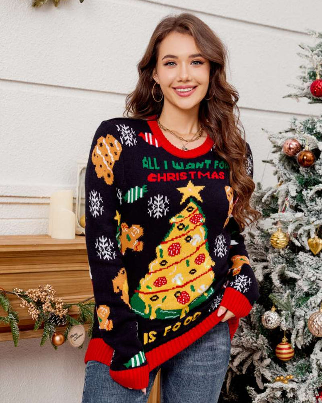 Günlük Bisiklet Yaka İşlemeli Noel Ağacı Kazak