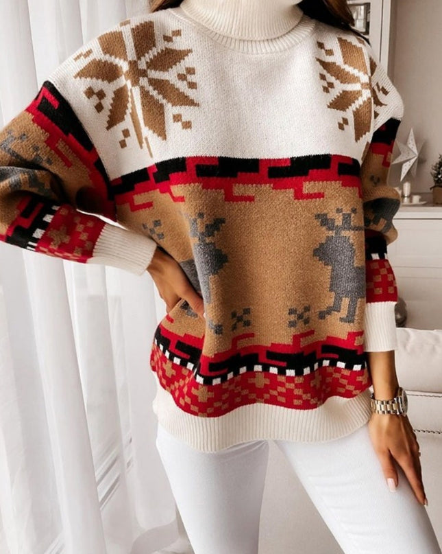 İşlemeli Ren Geyiği ve Kar Tanesi Tasarımlı Örgü Kazak