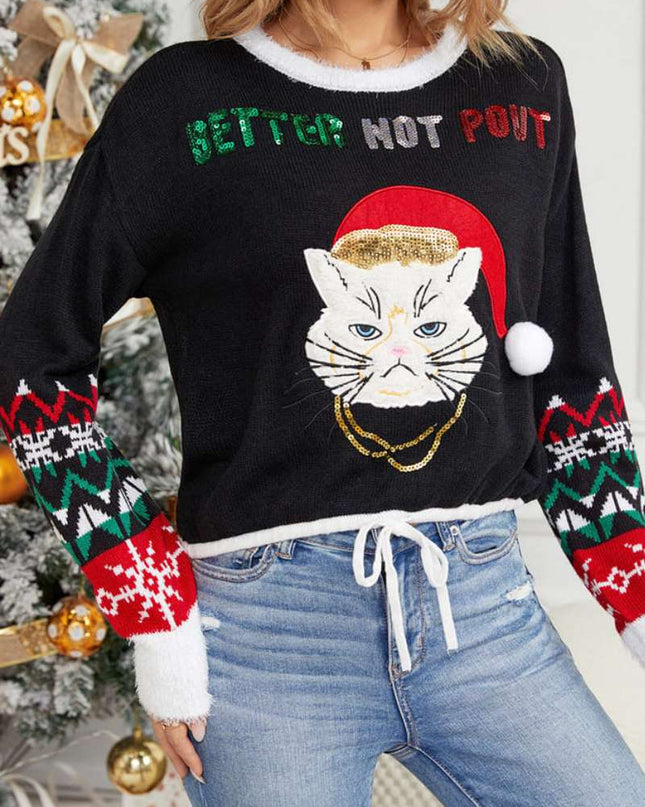 Günlük Yuvarlak Yaka Kedi Nakışlı Payetli Kazak