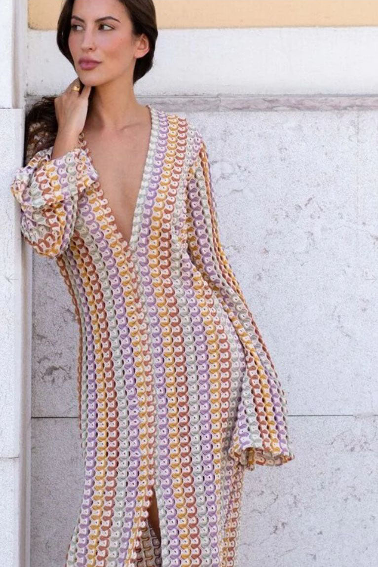 Boho V Yaka Çan Kol Dalgalı Çizgili Tığ İşi Plaj Tatili Maxi Elbise