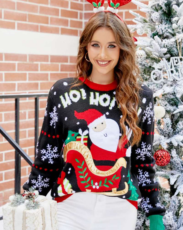 Yuvarlak Yaka Rahat İşlemeli Noel Baba Kazak