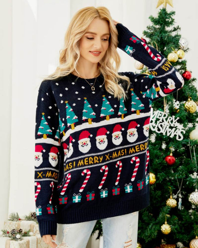 Yuvarlak Yaka Bol Kesim Noel Temalı Örgü Kazak