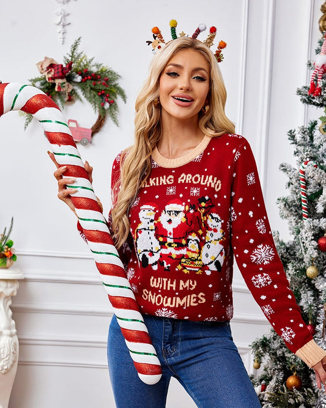 Günlük Bisiklet Yaka İşlemeli Kazak – Noel Baba ve Penguen