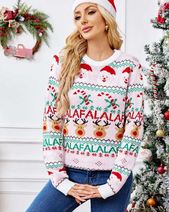 Bol Kesim Yuvarlak Yaka Noel Karikatür Örgü Kazak - Pembe