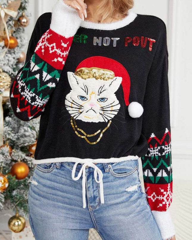 Günlük Yuvarlak Yaka Kedi Nakışlı Payetli Kazak