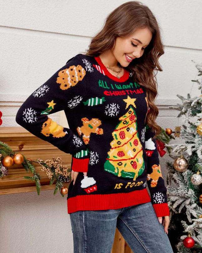 Günlük Bisiklet Yaka İşlemeli Noel Ağacı Kazak