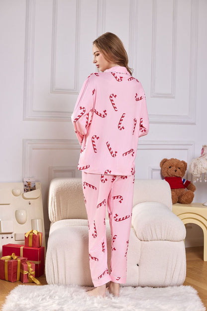 Pembe Şeker Kamışı Desenli Saten Uzun Pijama Takımı