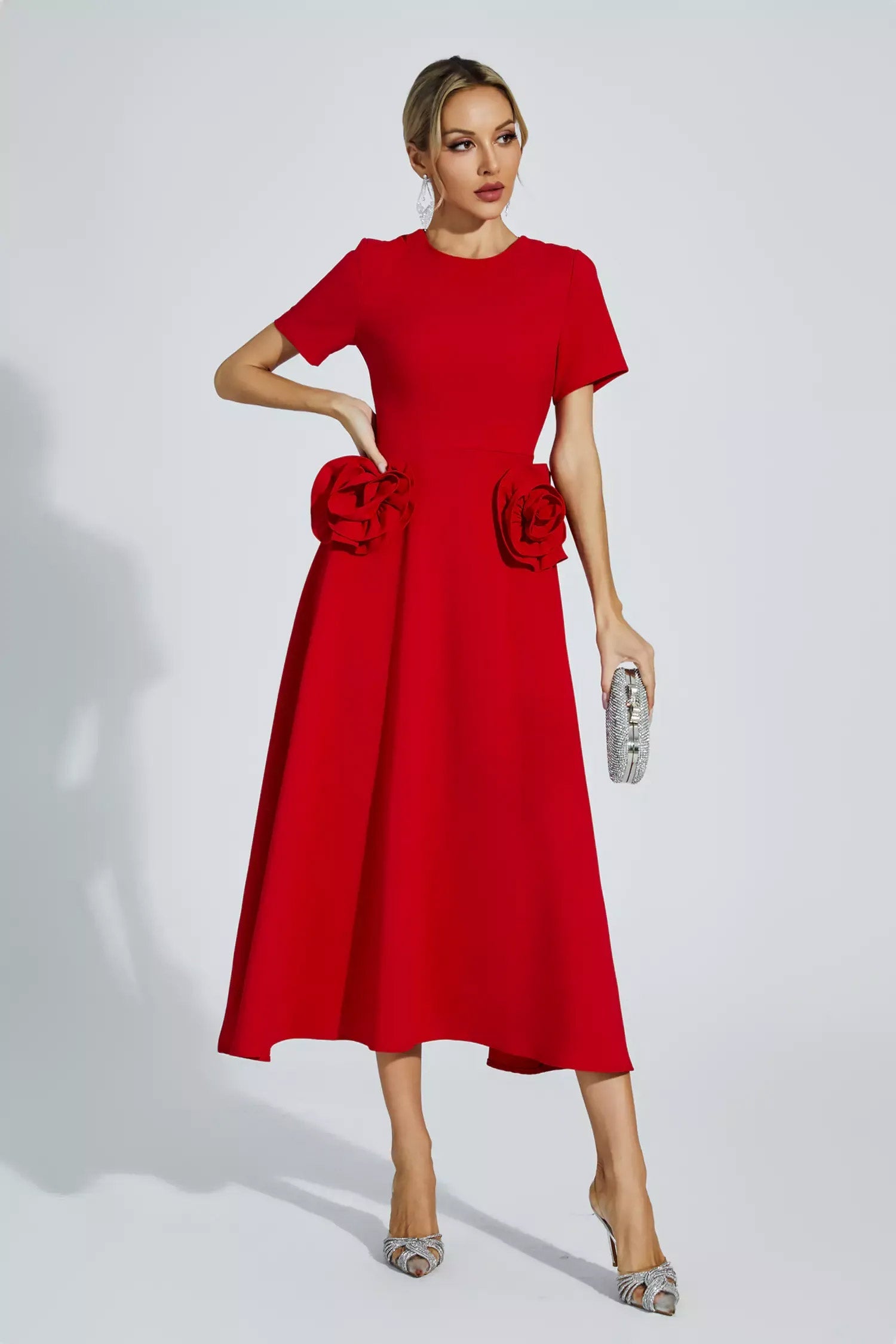 Grace Floral Aplike Kısa Kollu Midi Elbise