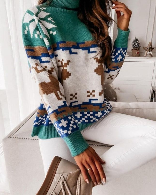 İşlemeli Ren Geyiği ve Kar Tanesi Tasarımlı Örgü Kazak