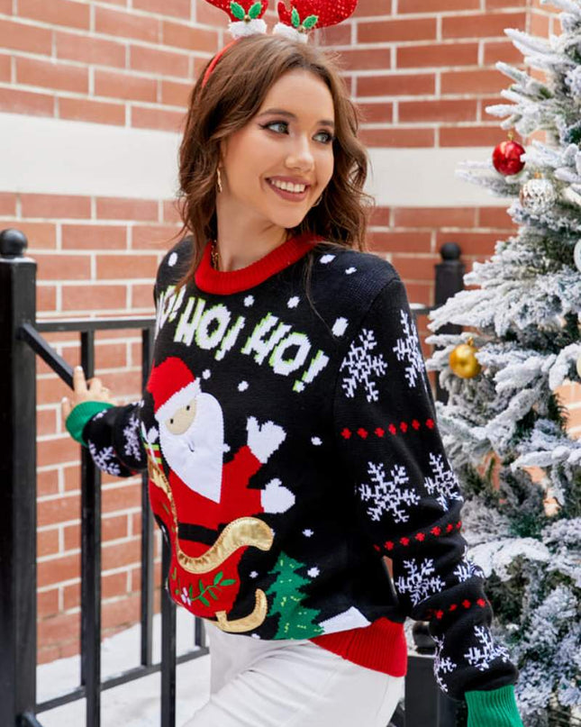 Yuvarlak Yaka Rahat İşlemeli Noel Baba Kazak