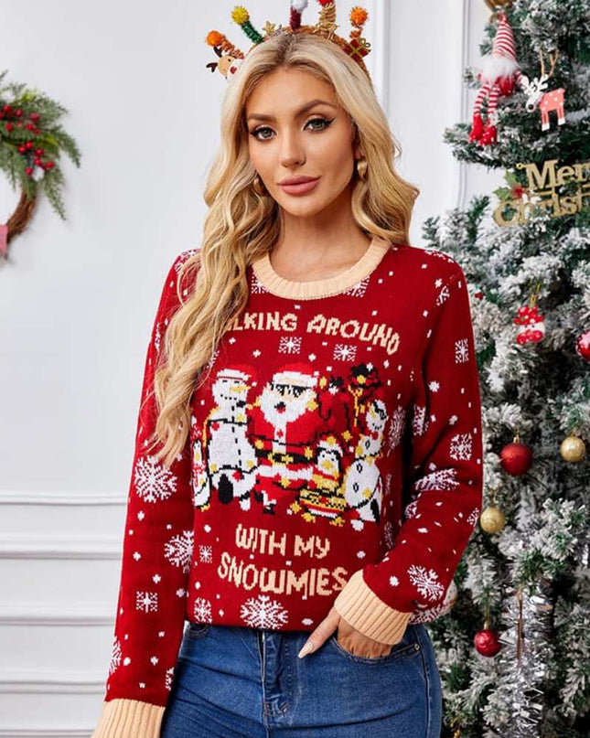 Günlük Bisiklet Yaka İşlemeli Kazak – Noel Baba ve Penguen