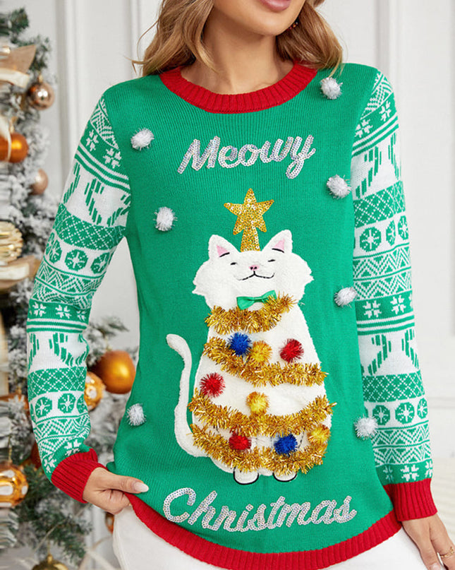 Noel Uzun Kollu Kedi Aplikeli Yuvarlak Yaka Kazak