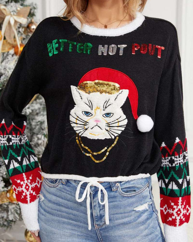 Günlük Yuvarlak Yaka Kedi Nakışlı Payetli Kazak