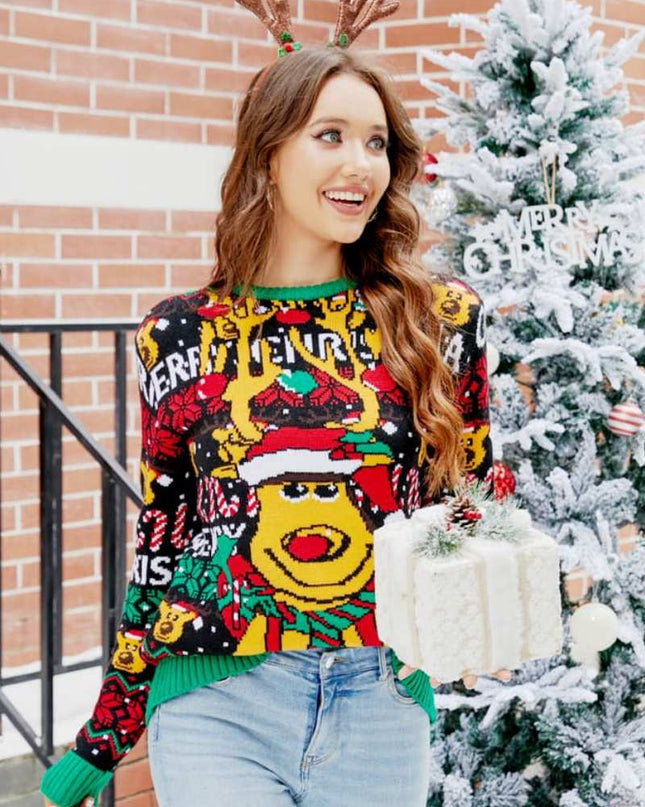 Noel Karikatür Ren Geyiği Örgü Kazak