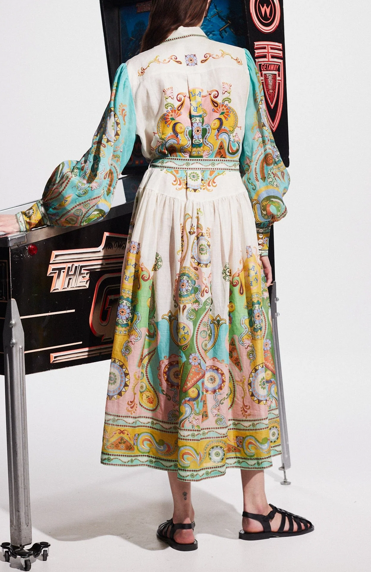 Soleia Uzun Desenli Kuşaklı Elbise