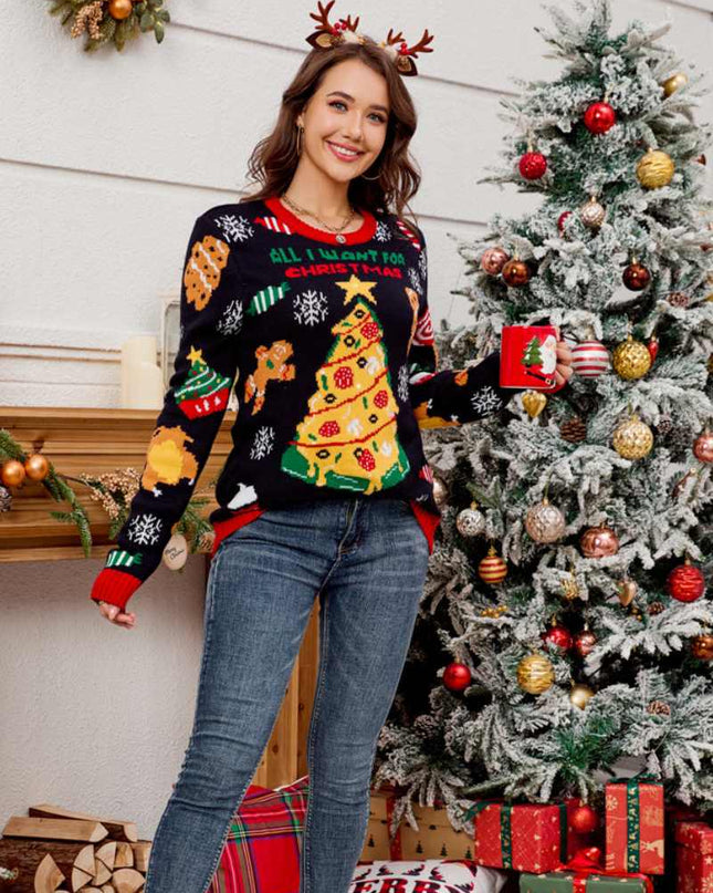 Günlük Bisiklet Yaka İşlemeli Noel Ağacı Kazak