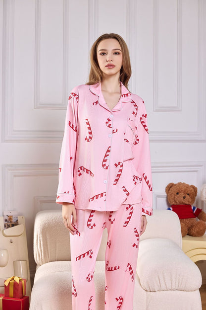 Pembe Şeker Kamışı Desenli Saten Uzun Pijama Takımı