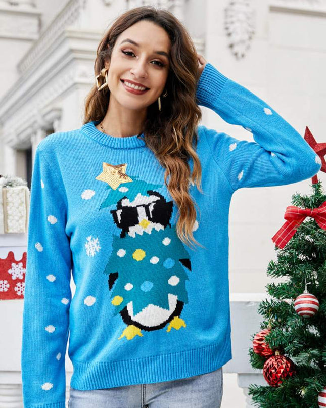 Yuvarlak Yaka Rahat Penguen Nakışlı Örgü Kazak