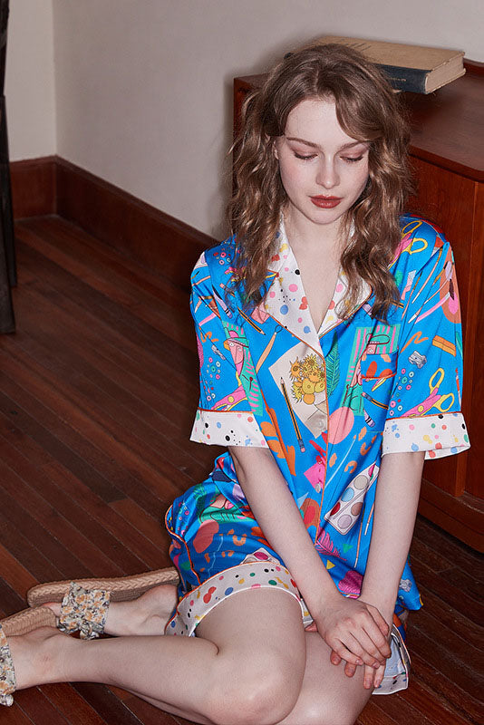 Sıcak Hava Balonu Baskılı Pijama Takımı - Mavi