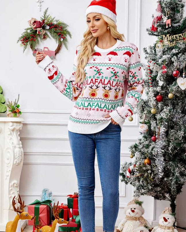 Bol Kesim Yuvarlak Yaka Noel Karikatür Örgü Kazak - Pembe