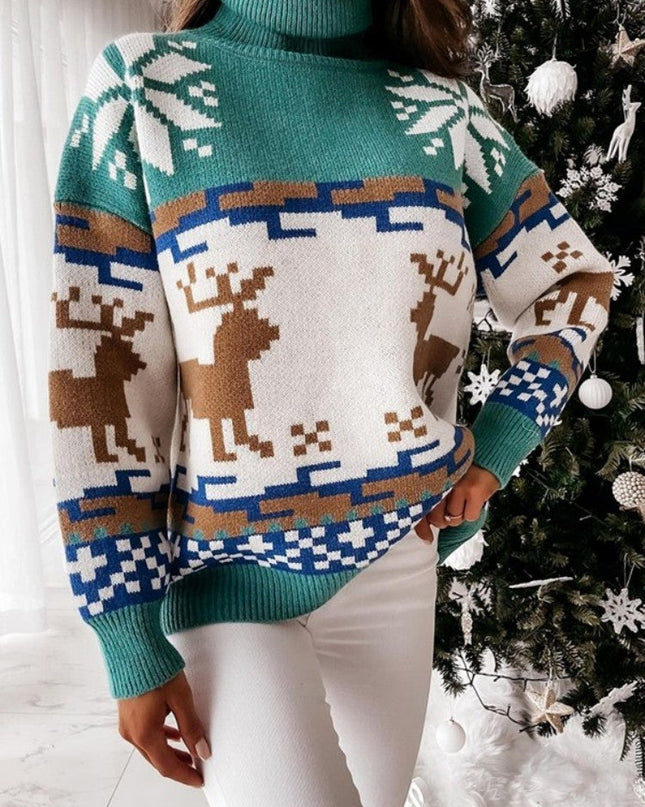 İşlemeli Ren Geyiği ve Kar Tanesi Tasarımlı Örgü Kazak