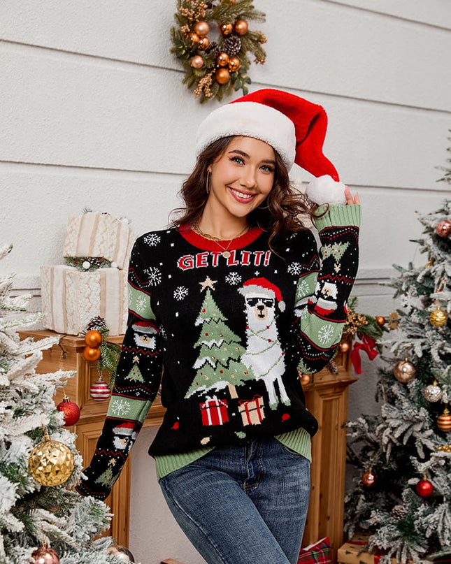 Bisiklet Yaka İşlemeli Örgü Kazak – Alpaka ve Noel Ağacı