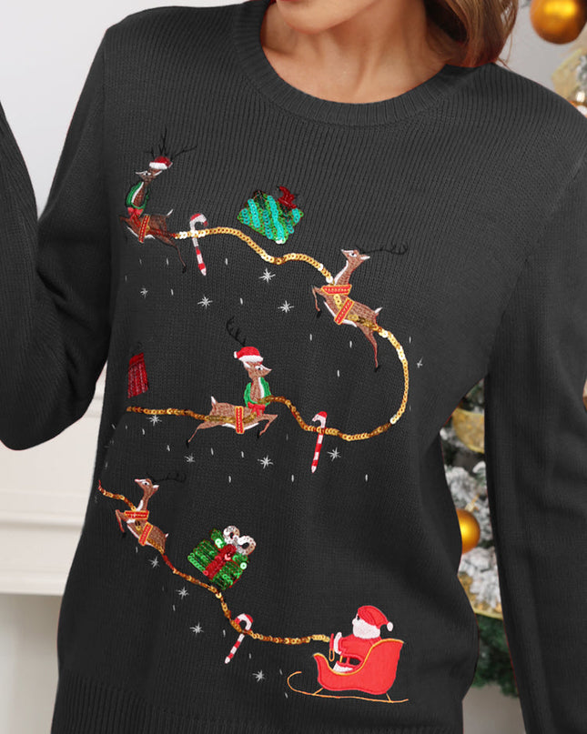 Noel Sevimli Ren Geyiği İşlemeli Örgü Kazak