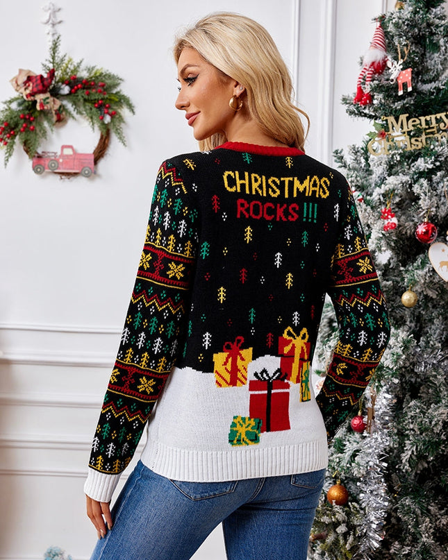 Örgü Bisiklet Yaka İşlemeli Kazak – Noel Baba ve Müzik Notaları