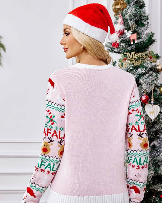 Bol Kesim Yuvarlak Yaka Noel Karikatür Örgü Kazak - Pembe