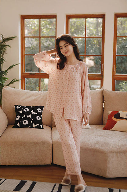 Saten Gül Nakışlı Pijama Takımı