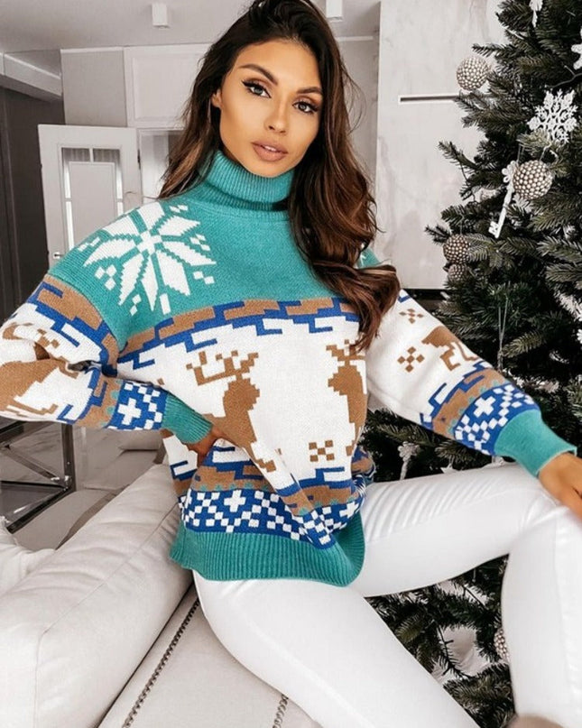 İşlemeli Ren Geyiği ve Kar Tanesi Tasarımlı Örgü Kazak