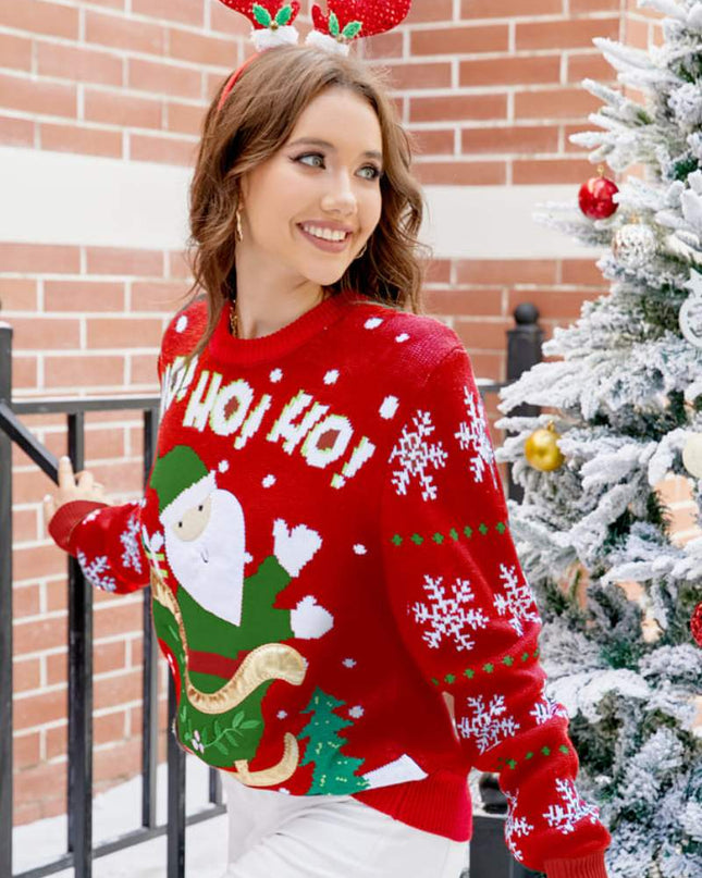 Yuvarlak Yaka Rahat İşlemeli Noel Baba Kazak